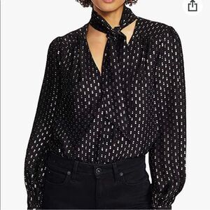 Paige Cleobelle Tie Neck Blouse Silk Black Silver Metallic Clip Dot Size Small